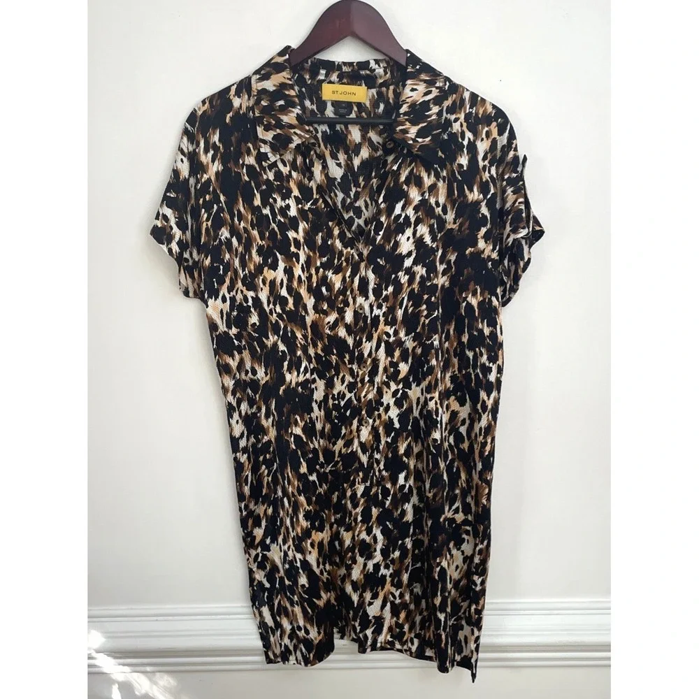 St. John Yellow‎ Label Silk Shift Dress Women's 10 Black Animal Print